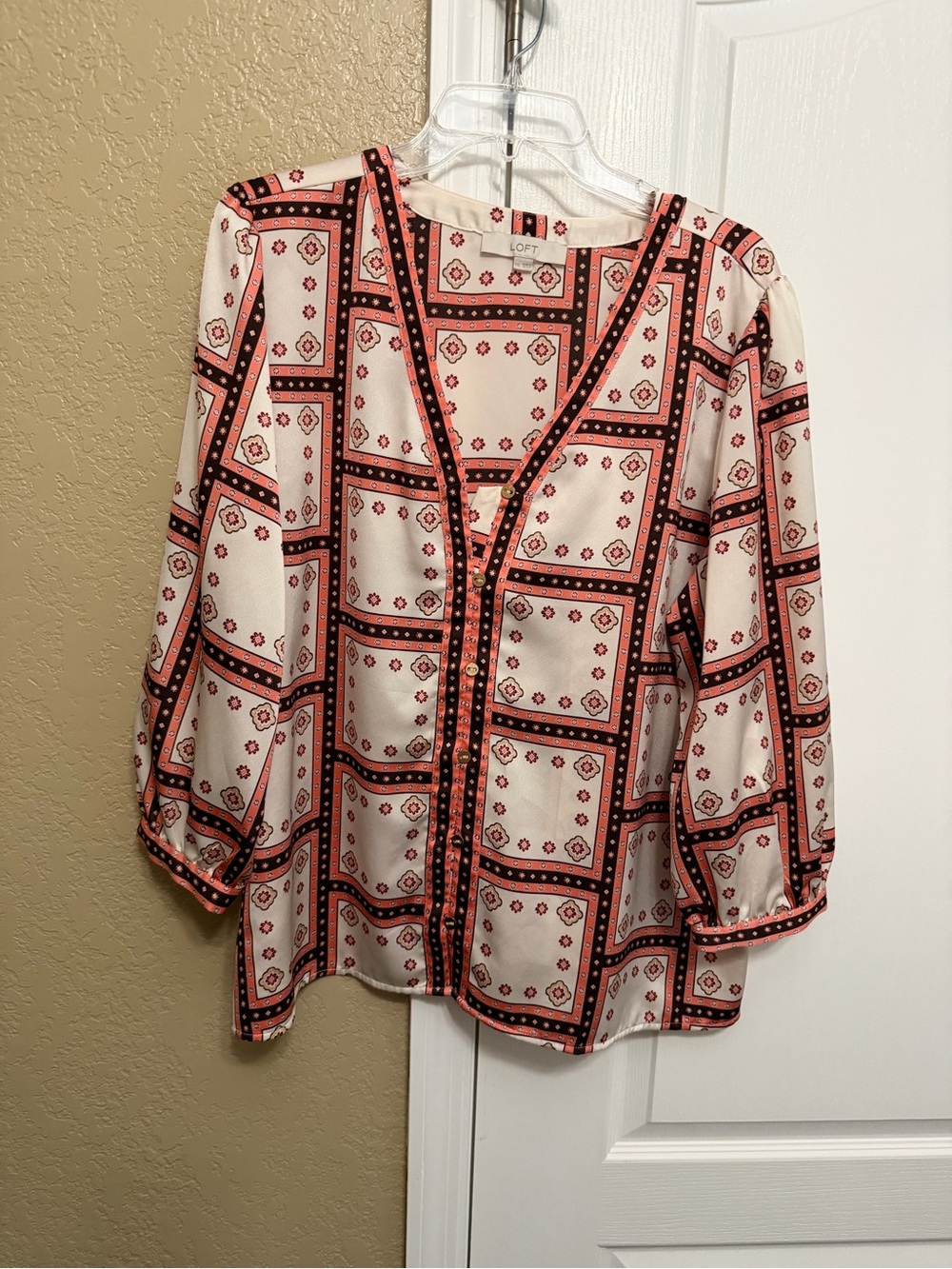 LOFT Cream Blouse with Coral and Black Geometric Print